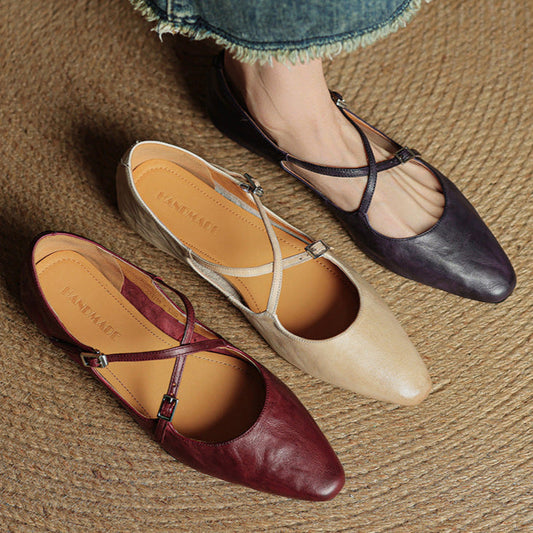 LORÉVA Leather Cross-Strap Almond Toe Ballet Flats
