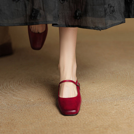 LORÉVA Buckled Strap Square Toe Leather Mules