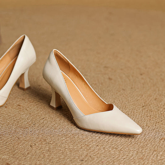 LORÉVA Leather Pointed-Toe Flared Heel Pumps