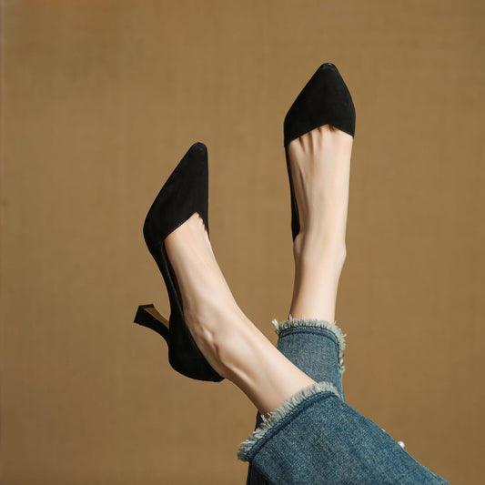 LORÉVA Leather Pointed-Toe Flared Heel Pumps