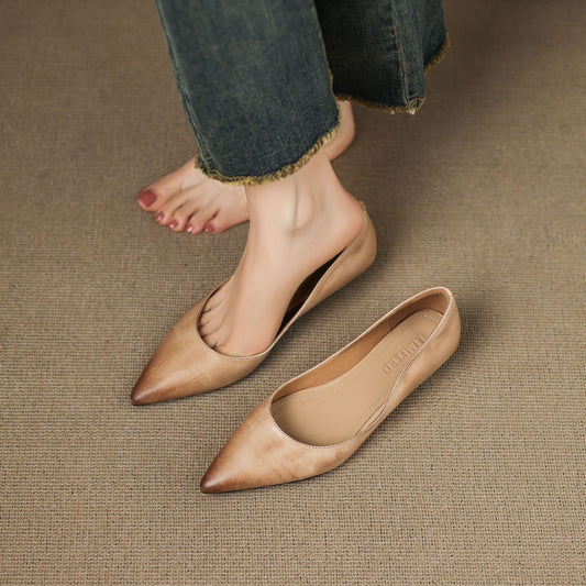 LORÉVA Burnished Leather Pointed-Toe Block Heel Flats