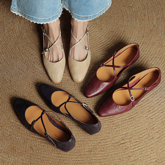 LORÉVA Leather Cross-Strap Almond Toe Ballet Flats