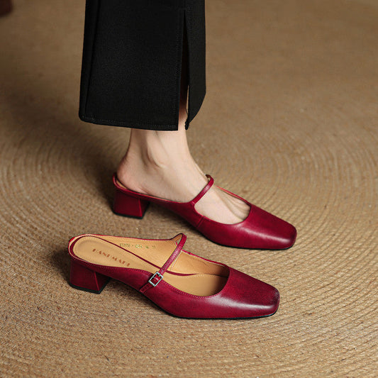 LORÉVA Buckled Strap Square Toe Leather Mules