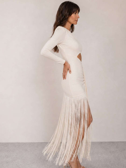 EMIRA Asymmetric Fringe Cocktail Midi Dress
