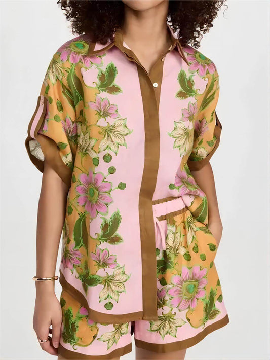 Retro Floral Print Resort Shirt Shorts Set, Summer Beach Resort Outfit