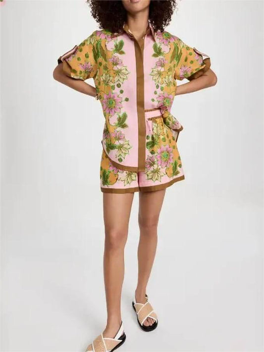 Retro Floral Print Resort Shirt Shorts Set, Summer Beach Resort Outfit