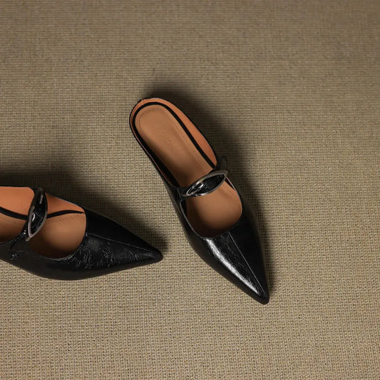 LORÉVA Leather Buckle Pointed Toe Mules