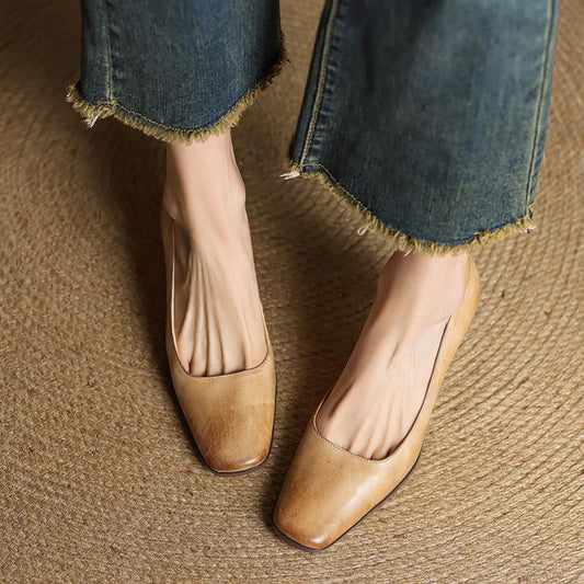 LORÉVA Square Toe Leather Block Heel Pumps