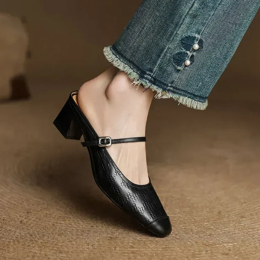 LORÉVA Leather Mary Jane Block Heel Mules