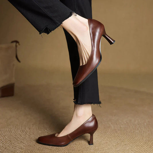 LORÉVA Square Toe Leather Block Heel Pumps