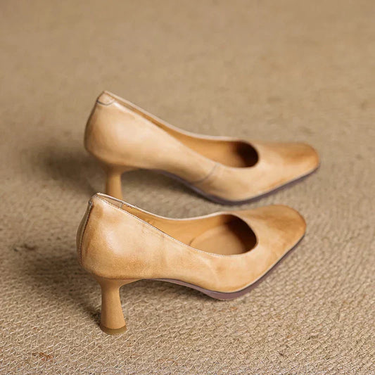 LORÉVA Square Toe Leather Block Heel Pumps