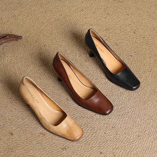 LORÉVA Square Toe Leather Block Heel Pumps