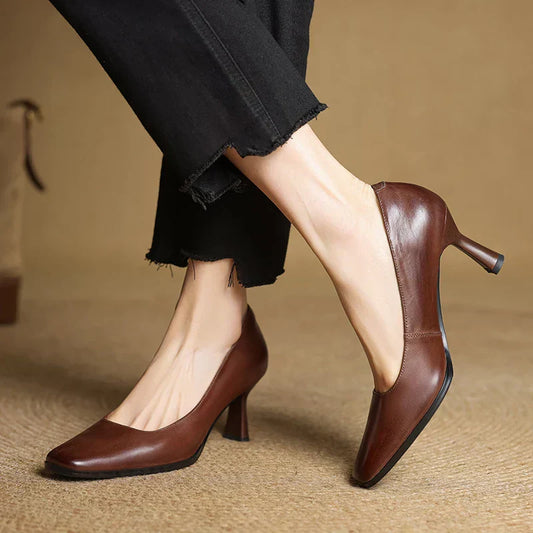 LORÉVA Square Toe Leather Block Heel Pumps