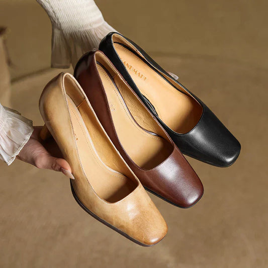 LORÉVA Square Toe Leather Block Heel Pumps