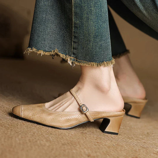 LORÉVA Leather Mary Jane Block Heel Mules