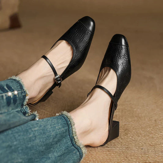 LORÉVA Leather Mary Jane Block Heel Mules
