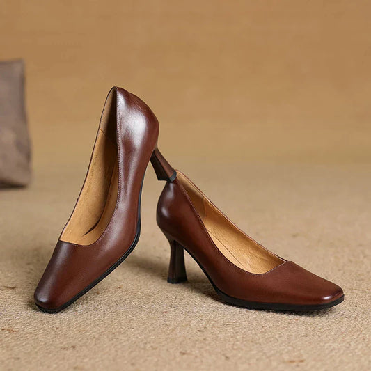 LORÉVA Square Toe Leather Block Heel Pumps