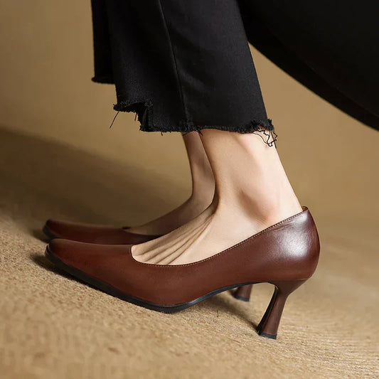 LORÉVA Square Toe Leather Block Heel Pumps