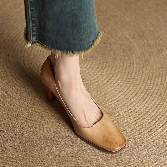 LORÉVA Square Toe Leather Block Heel Pumps