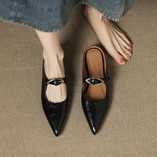 LORÉVA Leather Buckle Pointed Toe Mules