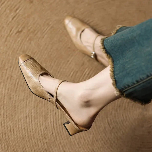 LORÉVA Leather Mary Jane Block Heel Mules