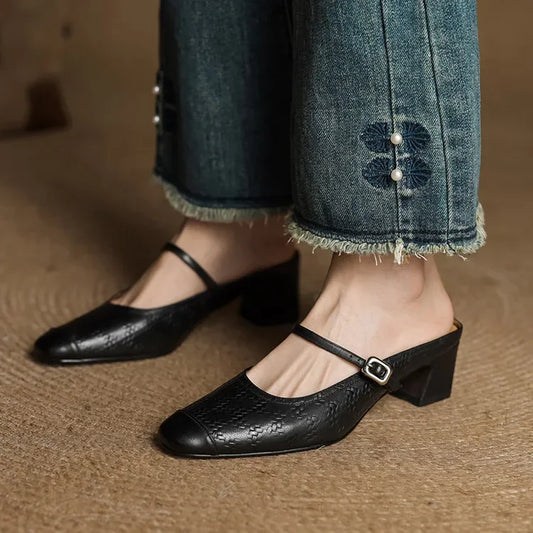 LORÉVA Leather Mary Jane Block Heel Mules