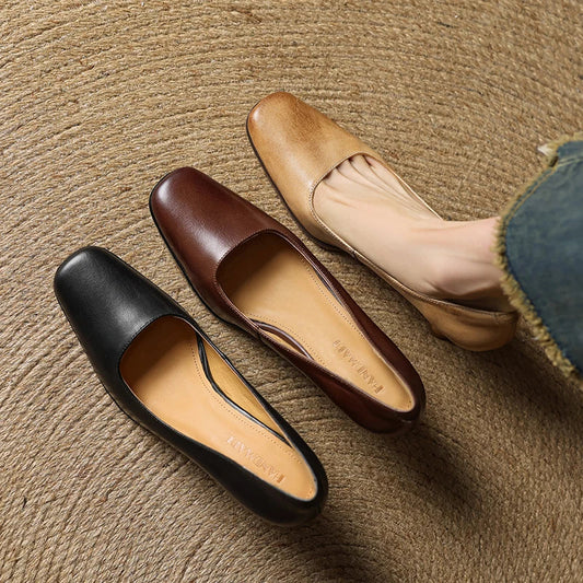 LORÉVA Square Toe Leather Block Heel Pumps