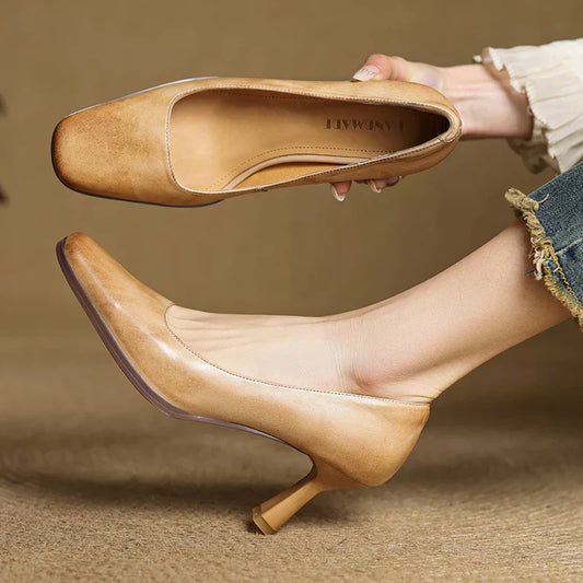 LORÉVA Square Toe Leather Block Heel Pumps