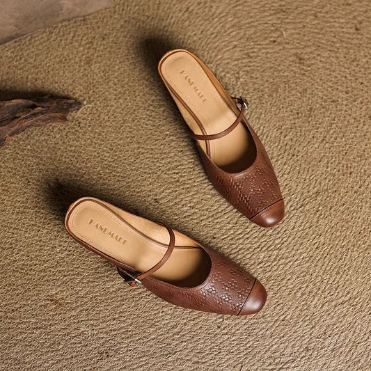 LORÉVA Leather Mary Jane Block Heel Mules
