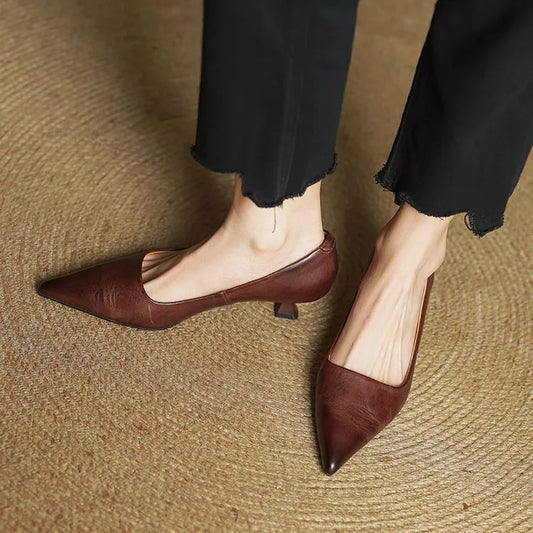 LORÉVA Leather Kitten Heel Pointed Toe Pumps
