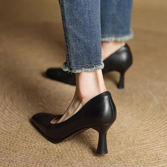 LORÉVA Square Toe Leather Block Heel Pumps
