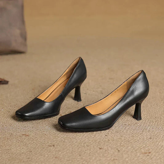 LORÉVA Square Toe Leather Block Heel Pumps