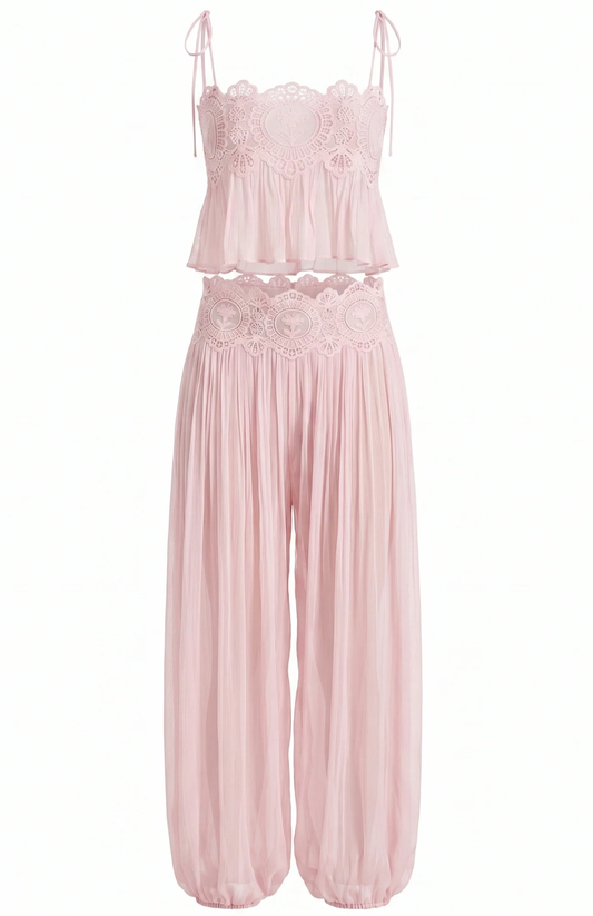 Boho Embroidered Pastel Pink Vacation Two-Piece Set
