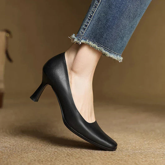 LORÉVA Square Toe Leather Block Heel Pumps
