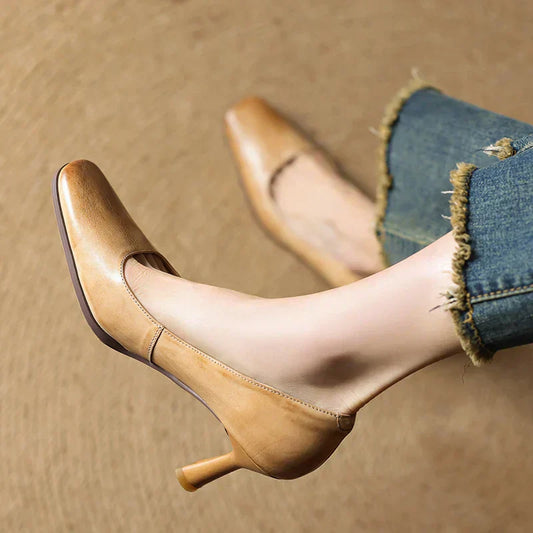 LORÉVA Square Toe Leather Block Heel Pumps
