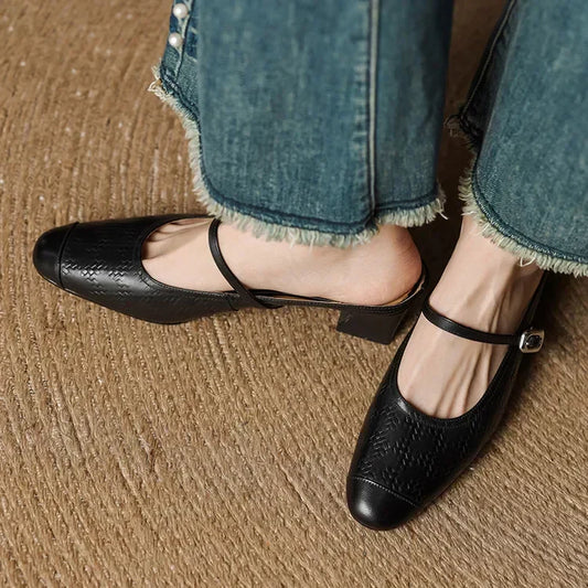 LORÉVA Leather Mary Jane Block Heel Mules