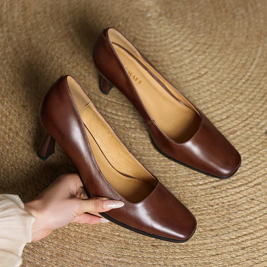 LORÉVA Square Toe Leather Block Heel Pumps