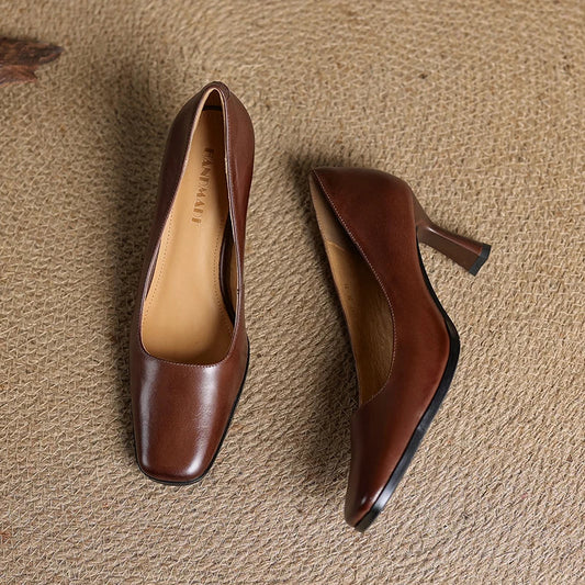 LORÉVA Square Toe Leather Block Heel Pumps