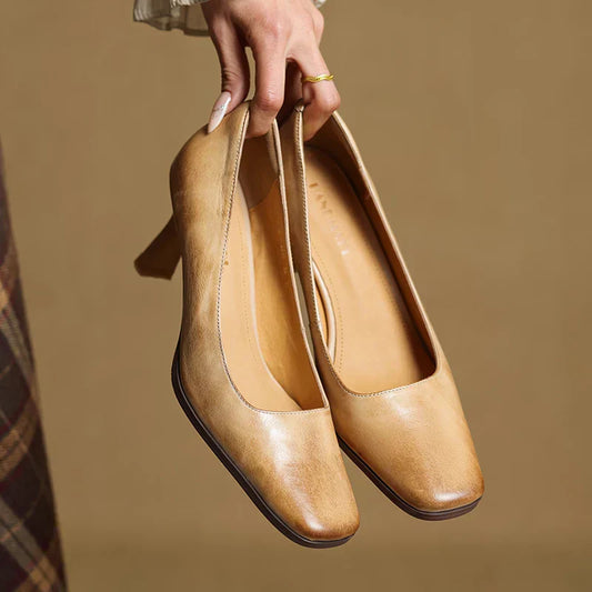 LORÉVA Square Toe Leather Block Heel Pumps