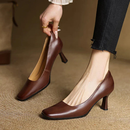 LORÉVA Square Toe Leather Block Heel Pumps