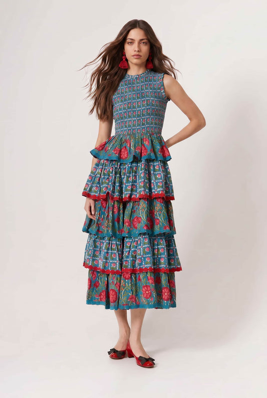 Pleated Deign Printed Maxi Dress