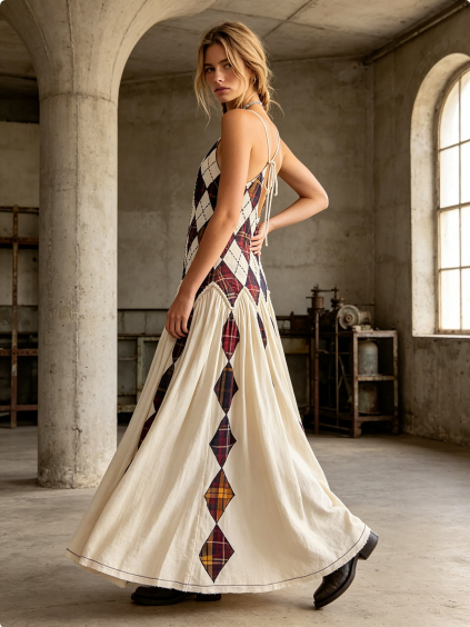 Argyle Patchwork Drop-Waist Maxi Dress - Multi