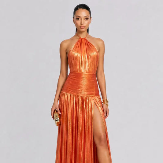 Elegant Metallic Pleated Halter Neck Maxi Dress