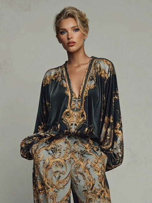 Retro Baroque Print High-Waisted Wide-Leg Pants