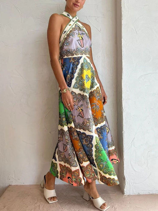 Paisley Floral Print Maxi Dress, Summer Resort Beach Dress