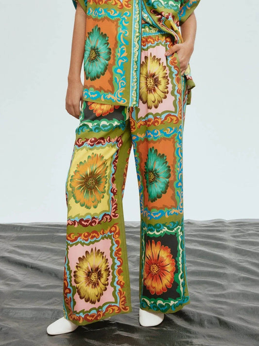 LORÉVA Sunflower Print Satin Wide Leg Pants Set