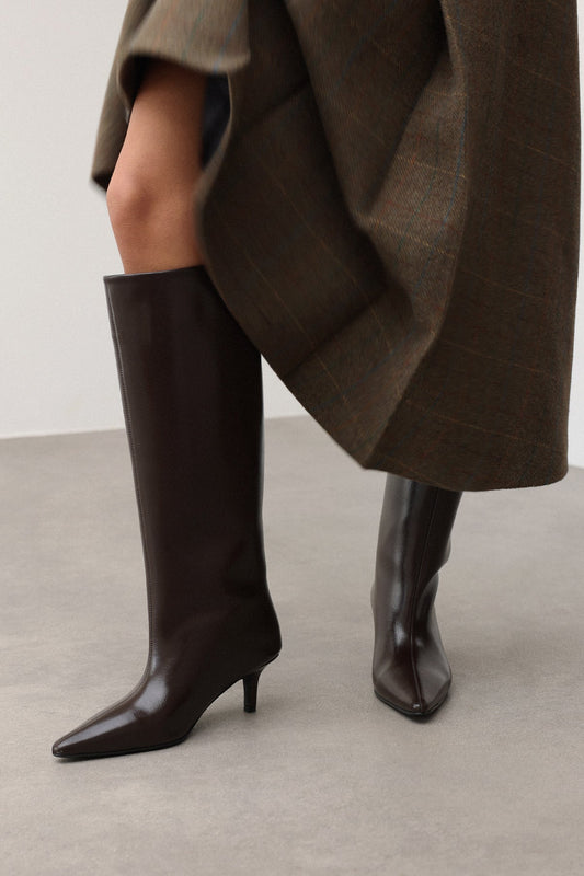 SANCERRE Pointed Toe Leather Knee High Boots - Dark Brown