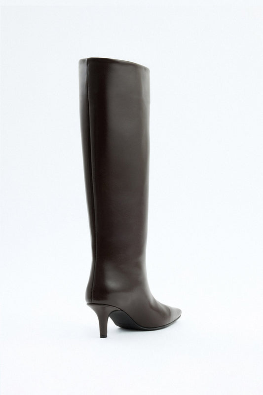 SANCERRE Pointed Toe Leather Knee High Boots - Dark Brown