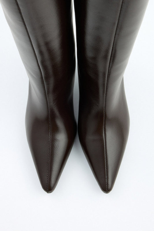 SANCERRE Pointed Toe Leather Knee High Boots - Dark Brown