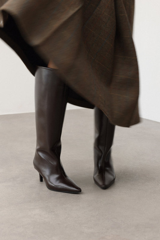 SANCERRE Pointed Toe Leather Knee High Boots - Dark Brown